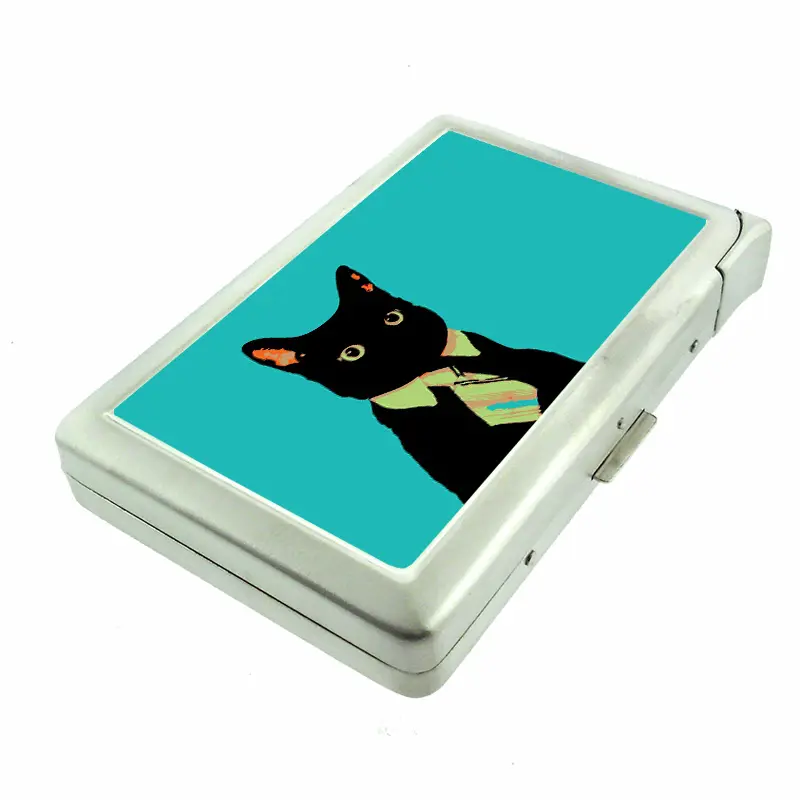 Black Cat with Tie 100's Sized Metal Case with Built in Lighter Wallet