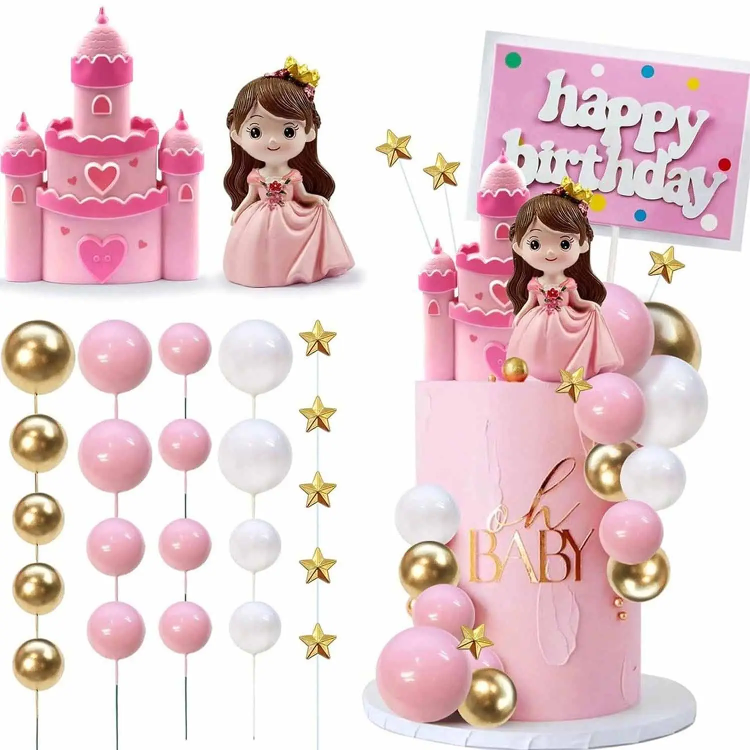 26-Piece Princess Cake Decoration Set, Cake Decorating, Dress Castle Foam Balls, Star Decor, Birthday Card, Wedding Baptism Party Supplies