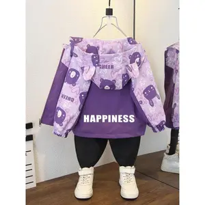 Girl's Cartoon Bear Print Hooded Jacket, Casual Comfy Jacket, Casual Long Sleeve Outerwear for Spring & Fall, Kids Clothes for Daily Wear