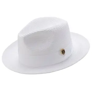 White Braided Wide Brim Pinch Crown Fedora Hat with Matching Grosgrain Ribbon