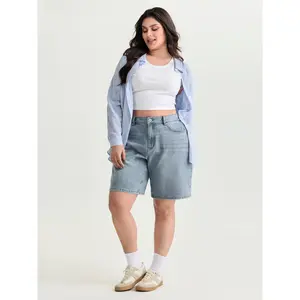 BLOOMCHIC Women's Plus Size Stretchy Waist Faded Denim Shorts - Cotton-Spandex Basic Bottom Clothes with Pockets, 2026 Summer Turn-Up Design for Mothers Blue Mid Blue 2026 Summer Vibes
