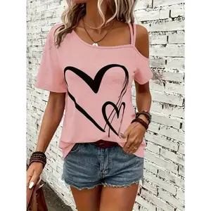 Heart Print Cold Shoulder T-shirt, Casual Short Sleeve Backless Asymmetrical Top, Women's Clothing