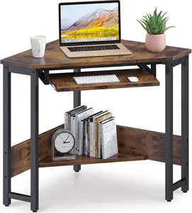 E-TIFE Vintage Triangular Compact Corner Computer Desk - Small Office Workstation with Sturdy Steel Frame, Smooth Keyboard Tray, and Storage Shelves, Stylish Design