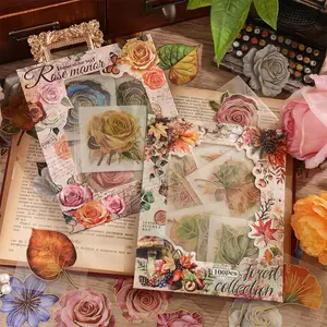 100pcs Large plant/rose Sticker Set with Gold Holographic Outline Waterproof Vintage Journal Stickers DIY Decorative Stickers Patterns Design Decoration Creativity for Journal Lovers