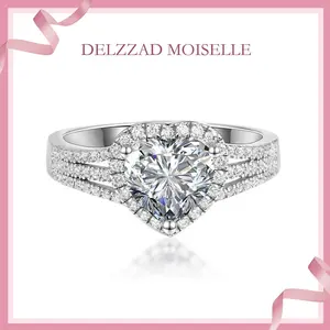 Delzzad S925 2ct Heart Cut VVS Synthetic Moissanite Sparkling Love Ring Daily Costume Jewelry Perfect Accessories Wedding Valentine Anniversary Gift for Women Girls