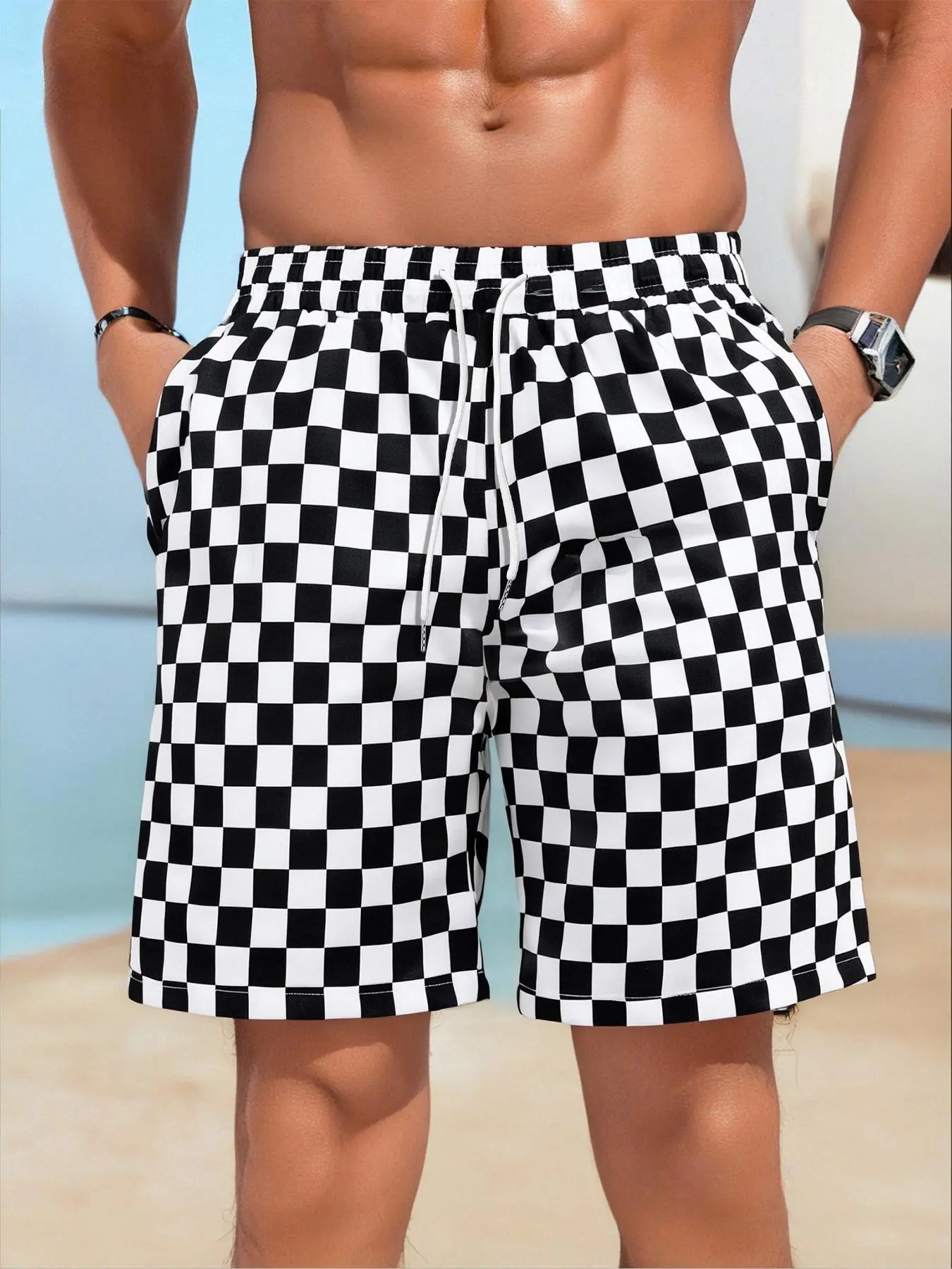 Men's Regular Fit Checkerboard Print Boxer Brief Swim Shorts, Casual Comfy Breathable Swim Shorts for Summer, Men's Swimwear for Beach Vacation, Swimming Trunks, Summer Swim Bottoms, Printed Swim Bottoms, Swimsuit Shorts