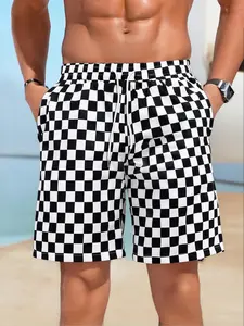 Men's Regular Fit Checkerboard Print Boxer Brief Swim Shorts, Casual Comfy Breathable Swim Shorts for Summer, Men's Swimwear for Beach Vacation, Swimming Trunks