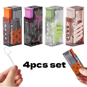 4-Piece Family Pack Refillable Floss Pick Dispenser, with 40 Dental Floss Picks, Portable Travel Toothpick Holder, Flosser Holder Container