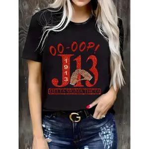 Women's 180g Black Cotton Crewneck Short Sleeve T-Shirt with Delta Sigma Theta 1913 OO-OOP Red Glitter Graphic Print - Trendy Ladies' Casual Tee Ideal for Sorority Members, Celebrating Sisterhood, College Wear, or Everyday Fashion Enthusiasts
