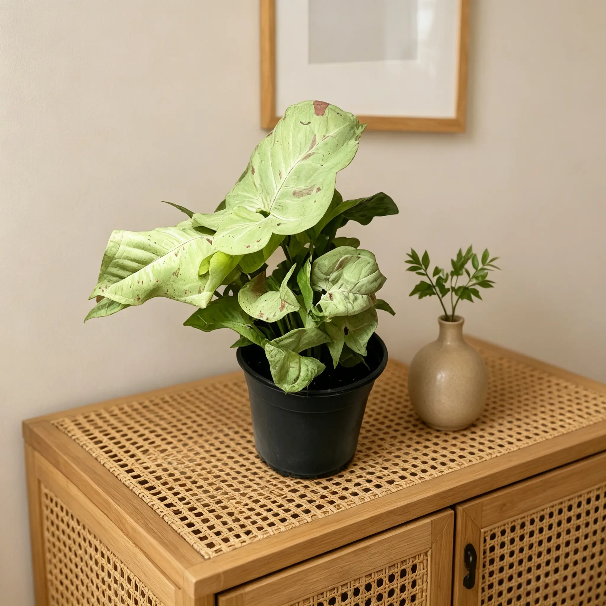RZ-35  Syngonium Milk Confetti Live Indoor Plant in 4 Inch Pot, Arrow Leaf Houseplant with Pink Speckled Foliage, Compact Tropical Plant for Home Office Shelf Decor