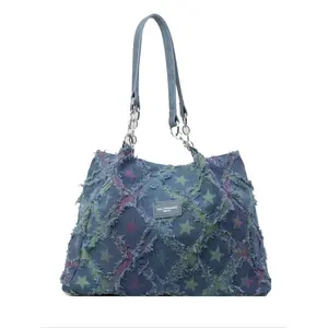 SleekHush Women's Star Pattern Distressed Raw Trim Tote Bag Large Capacity Elegant Rhombus Denim Shoulder Bag for Dating Classes Shopping
