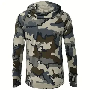 Men’s Green Geometric Print Hoodie, Quick-Dry Breathable Long-Sleeve Fishing Top, Stretchy Polyester Fabric, Perfect for Outdoor Sports and Activities, Fishing Hoodie
