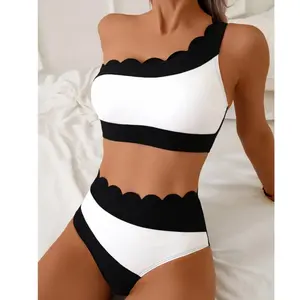 Women's Two-Piece Bikini Set with Petal Trim Design, Stylish Asymmetrical One-Shoulder Swimsuit for Beach Fashion, Perfect Swimwear for Summer, Swimsuit Style Bikini, Ruffle Trim Swimsuit, Ruffle Bathing Suit