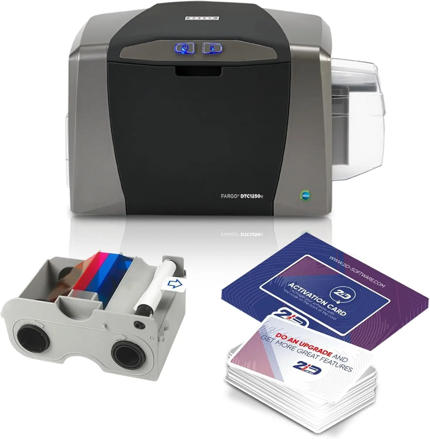 2ID Fargo DTC1250e Single-Sided Lightweight Badge Printer with Complete Supplies Package - Includes Beginner Edition Card Production Software for School IDs, Corporate Access Cards
