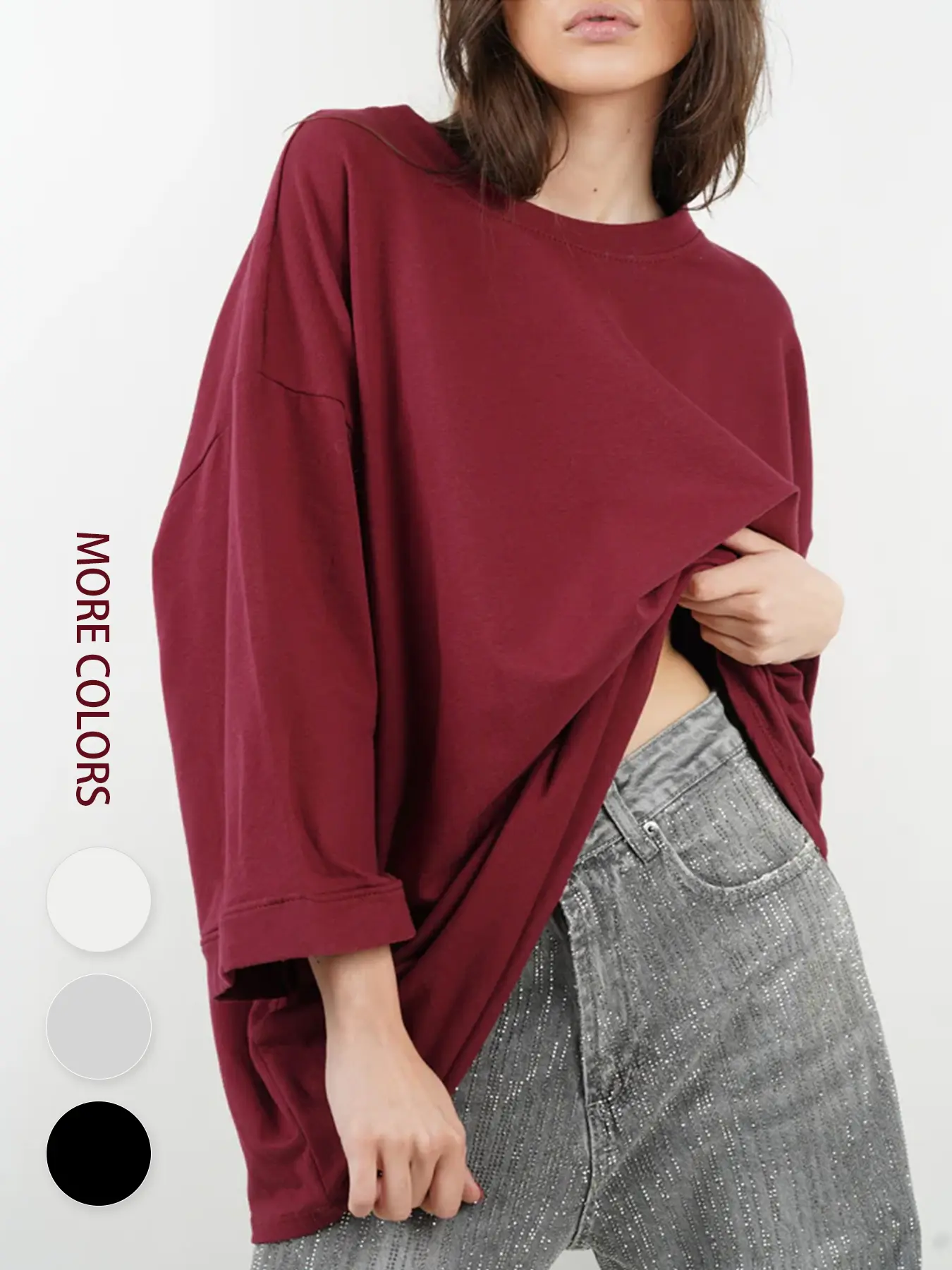Renaishow Women's Loosey Goosey Relaxed Cut Long Line Oversized Sleeve Shirt - Casual Lightweight 7/8 Sleeves, Drop Shoulder, Crew Neck, Solid, Polyester Elastane, Workout to Lounge Layering Top