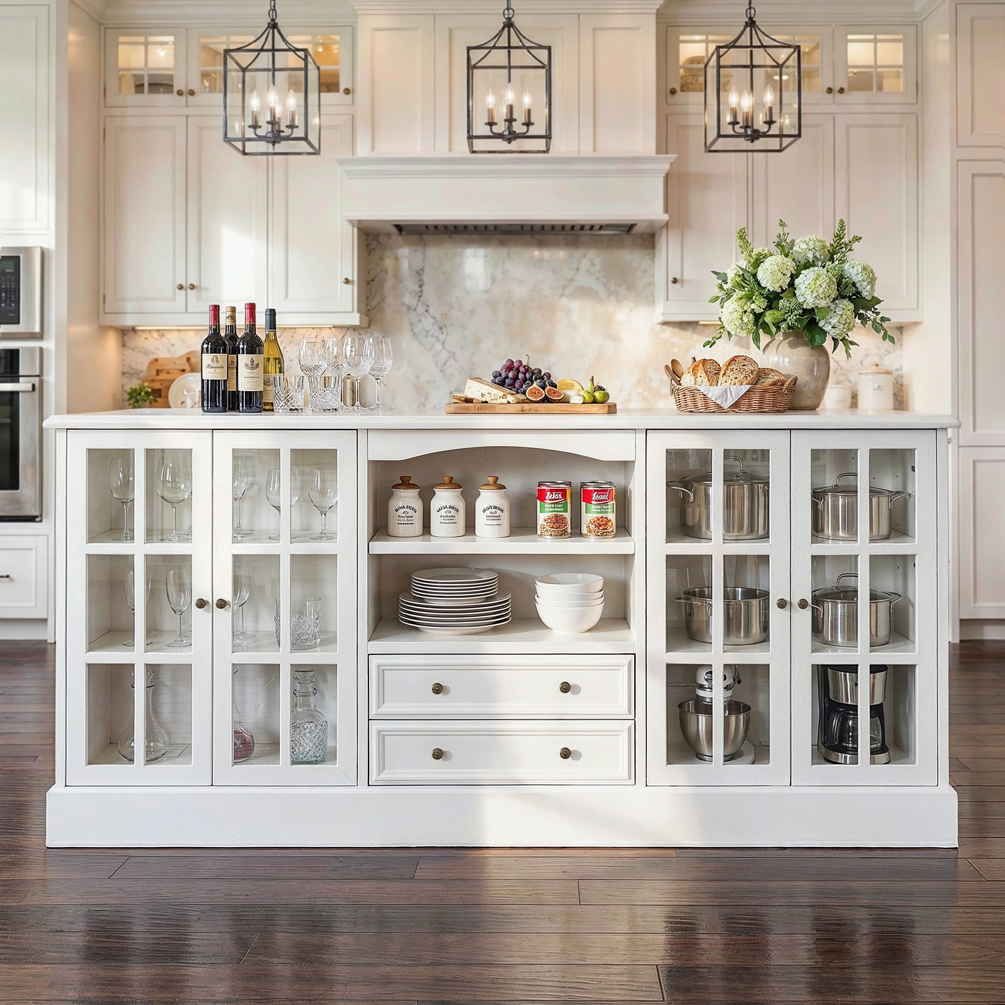 FUFU&GAGA Modern White Kitchen Island Storage Cabinet with Glass Doors and Drawers, Freestanding Sideboard Buffet for Dining Room