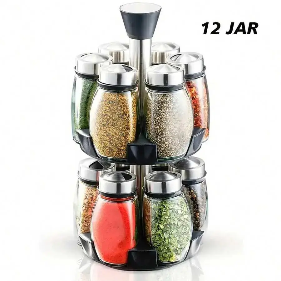 12-Jar Capacity Rotating Spice Rack Tower - 360° Rotation, Lead-Free, Polished Metal, Glass Jars - Space-Saving Kitchen Storage Rack With 12 Glass Spice Refill Jars, Suitable For Cabinet Countertop (Spices Not Included)