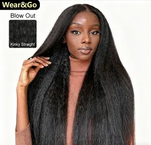 13x6 Glueless Drawstring Version Glueless HD Lace Kinky Straight 200% Density Natural Black 7x5 Lace Closure Wigs Human Hair Pre Plucked Hairline Silky Wear & Go Beginner Friendly