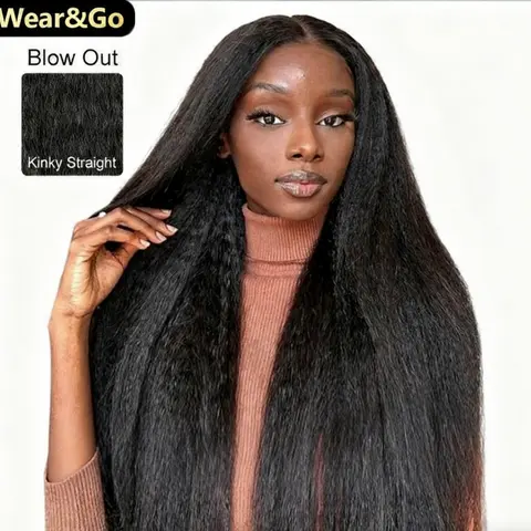 13x6 Glueless Drawstring Version Glueless HD Lace Kinky Straight 200% Density Natural Black 7x5 Lace Closure Wigs Human Hair Pre Plucked Hairline Silky Wear & Go Beginner Friendly