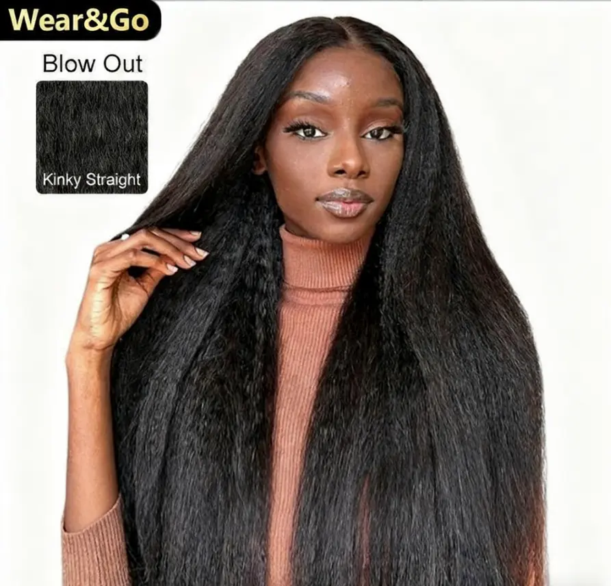 13x6 Glueless Drawstring Version Glueless HD Lace Kinky Straight 200% Density Natural Black 7x5 Lace Closure Wigs Human Hair Pre Plucked Hairline Silky Wear & Go Beginner Friendly
