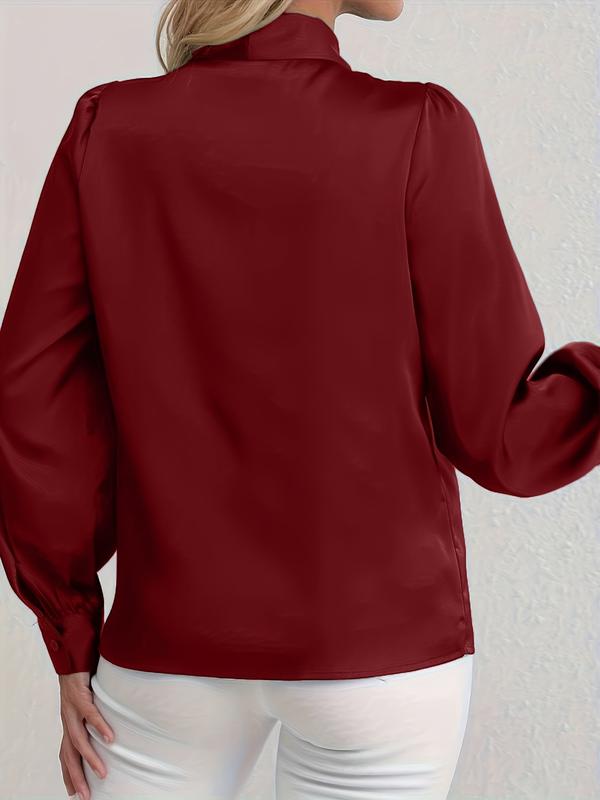 Elegant Satin Blouse with Bow Tie Neck, Fitted Casual Shirt for Work and Dates, Chic Spring & Fall Wardrobe Essential
