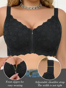 Plus Size Lace Bra with Zipper, Full Coverage, Medium Support, Fashion Design, Comfortable Fit, All Seasons Wear, Women's Underwear, Piece