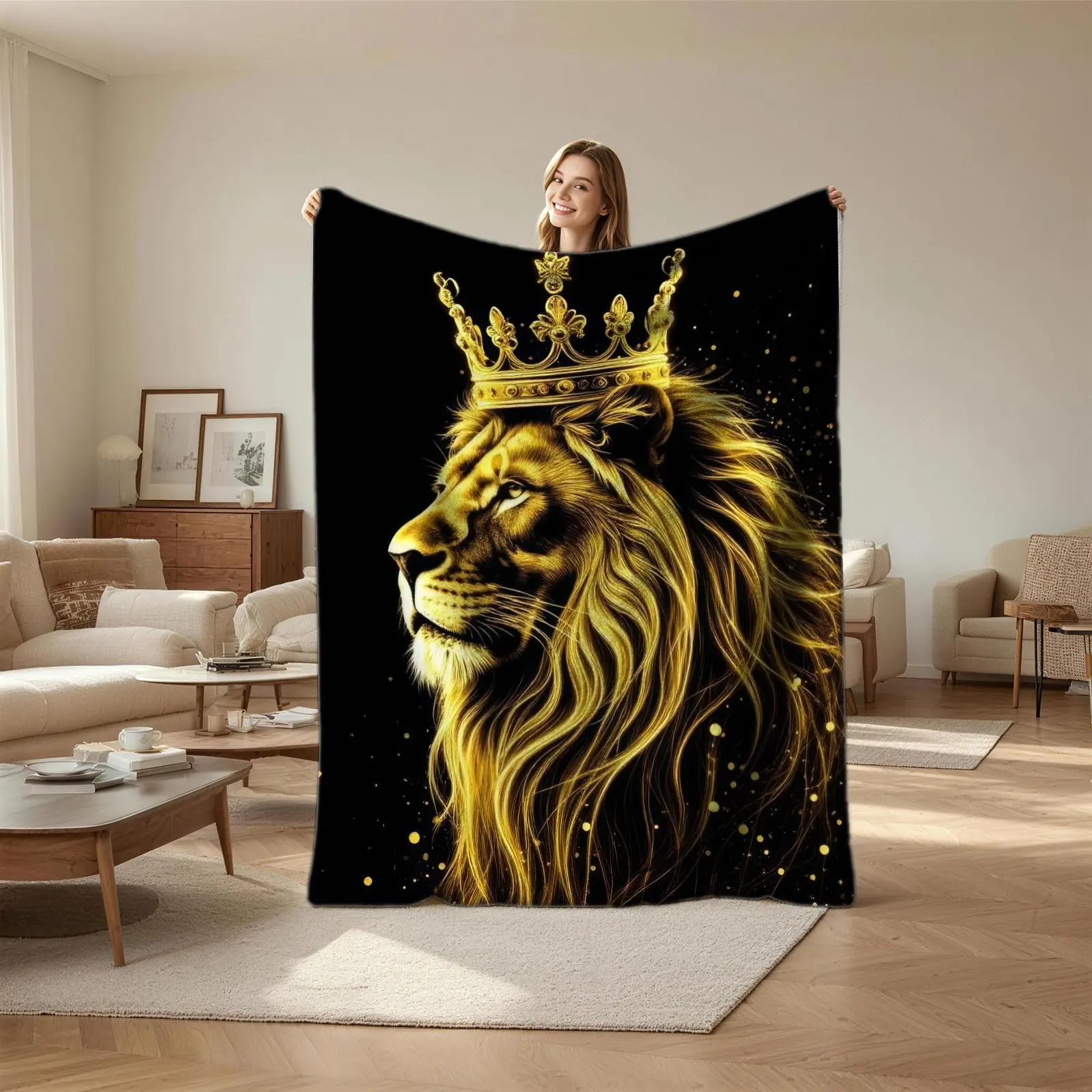 Black Gold Lion King & Tribal Totem Print Blanket: Soft Against the Skin and Lint-Free, This Blanket Is Both Warm and Breathable. Perfect for Use on Sofas and Beds Year-Round, It Makes an Ideal Gift for Those Seeking a Stylish and Trendy Home Decor Piece