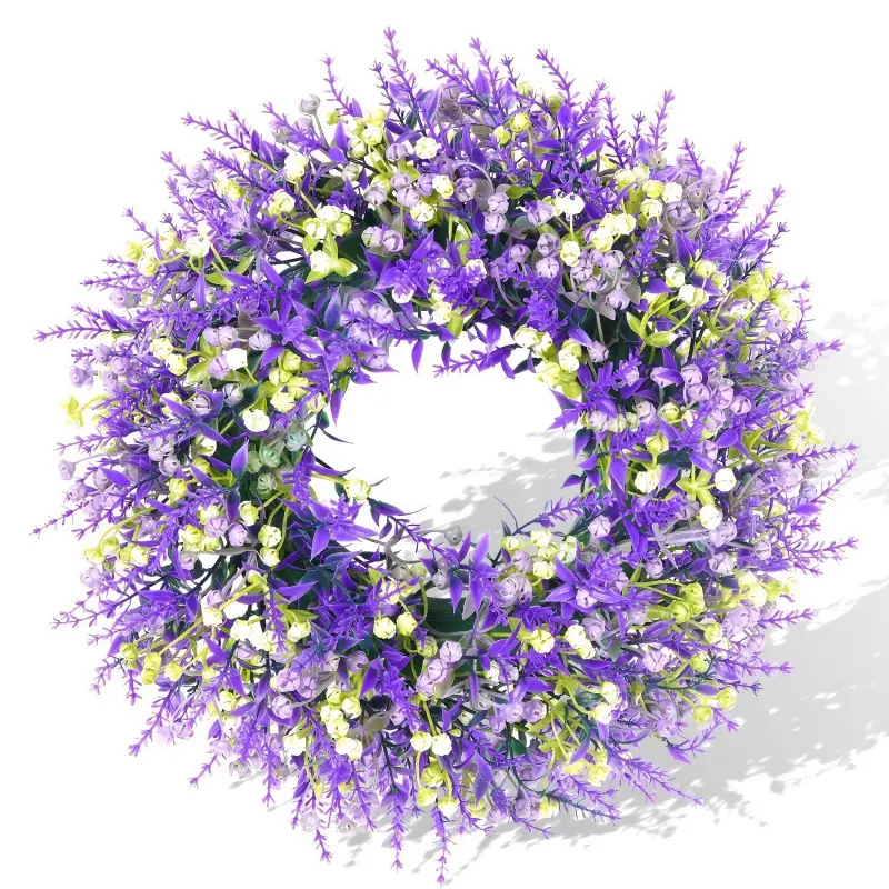 Full Fluffy Lavender Wreath Faux Flower Door Wreath for All Seasons Indoor Outdoor Use Decorative Artificial Flowers