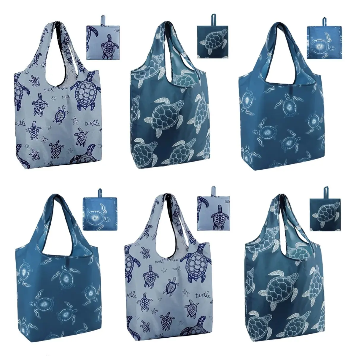 6 Pack Sea Turtle Reusable Grocery Bags – Large Foldable Tote Bags with Handles for Shopping & Travel