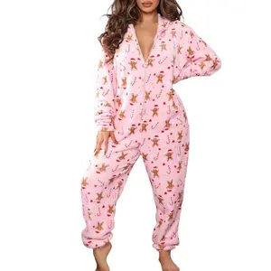 Christmas hooded jumpsuit for women, fleece zip-up pajamas, cozy family holiday sleepwear for adults