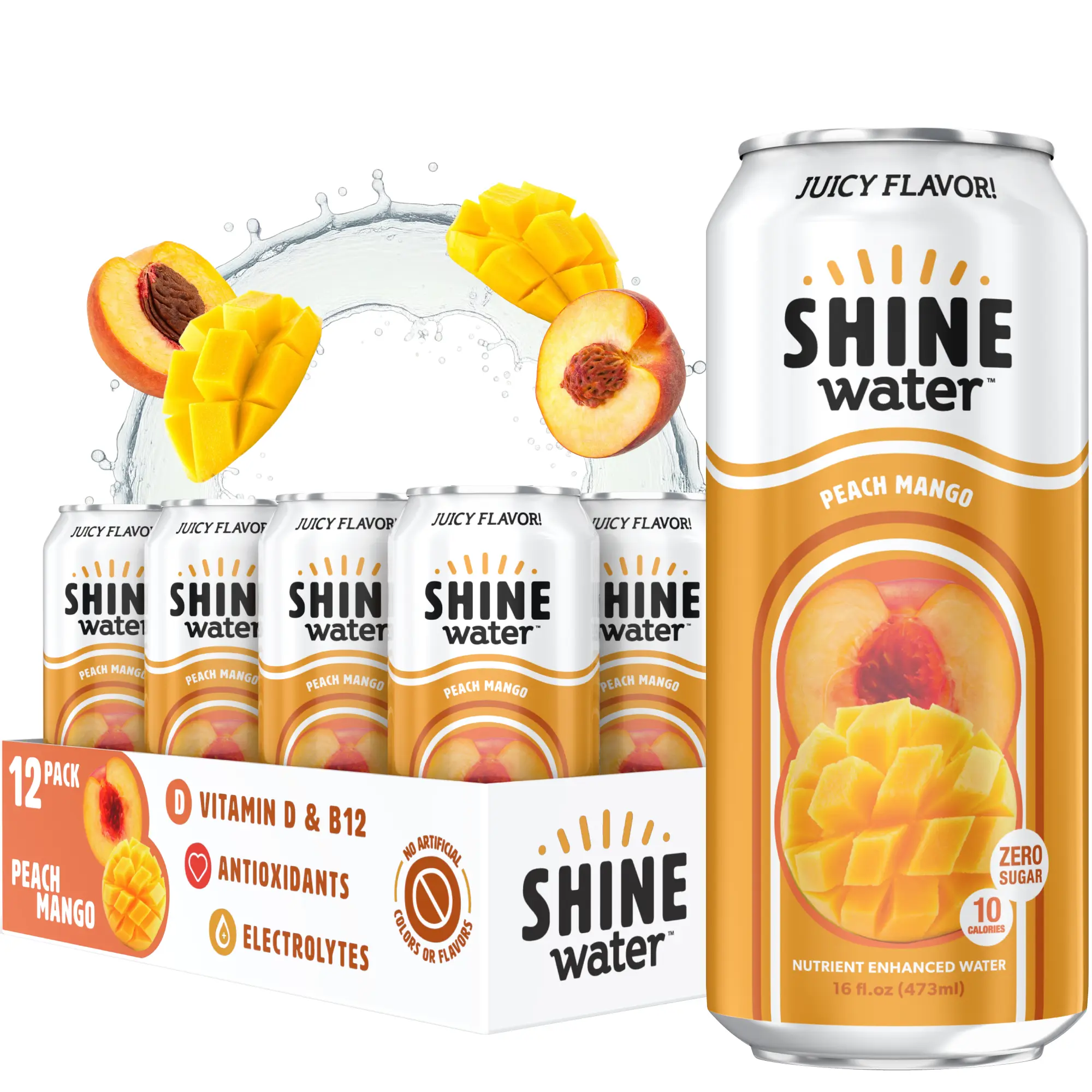 ShineWater Peach Mango Natural Vitamin-Enhanced Beverage - 12 Pack, 0 Sugar, Low Calorie, Plant-Based Electrolyte Drink, Gluten-Free, Kosher, Made in USA