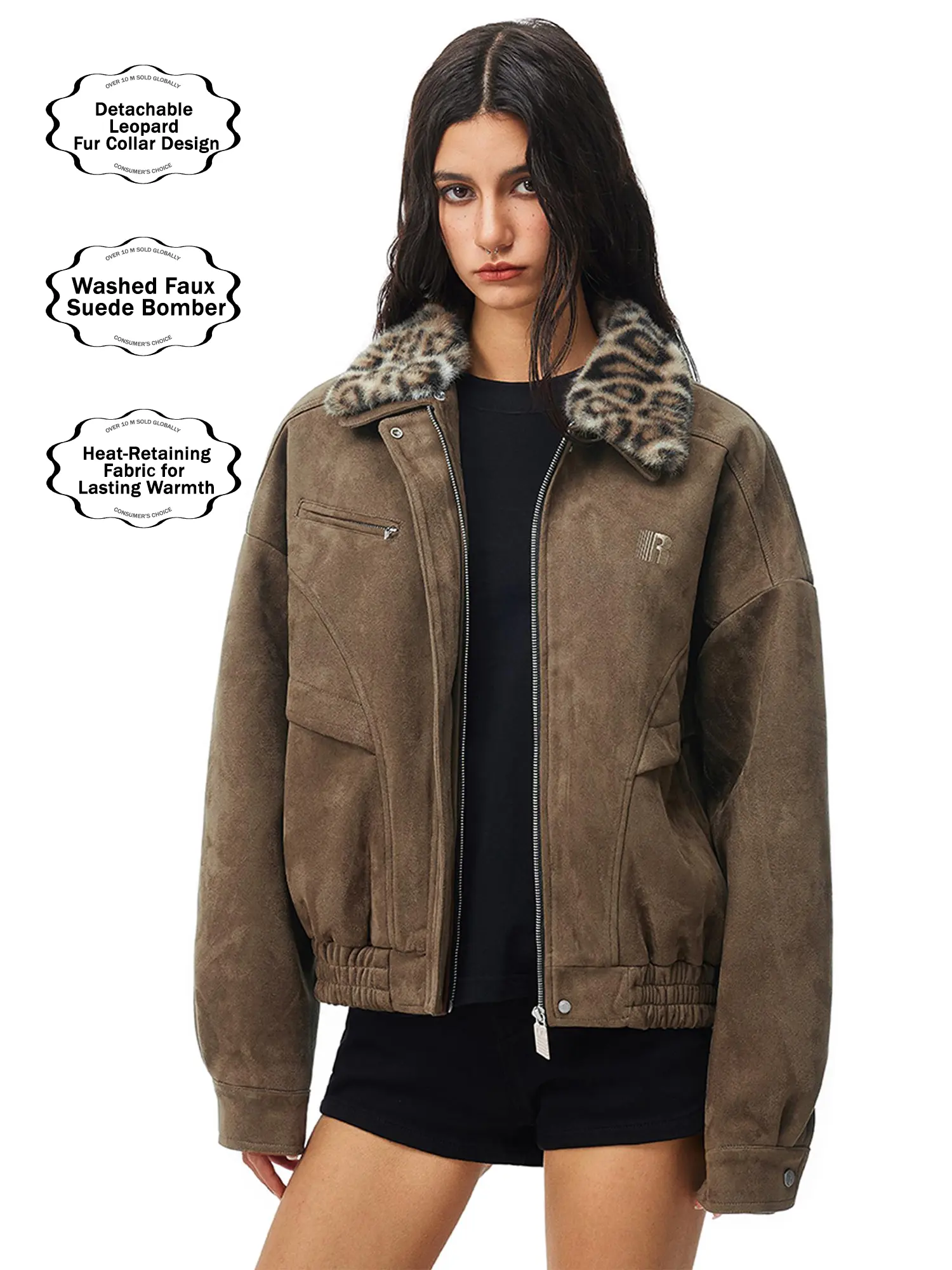 FDR Barn Jacket with Detachable Leopard Fur Collar for Men & Women | Heavyweight Zip Up Faux Suede Bomber Jacket Loose Fit Casual Minimalist Outerwear Oversized Brown Top #Summervibes summerwins