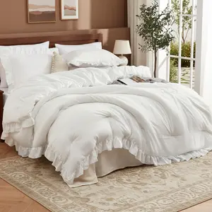 White Ruffled Queen Size Comforter Set, 3PCS Soft Washed Microfiber Lightweight & All-Season Bedding Comforter with Vintage French Style, White, 90x90 in