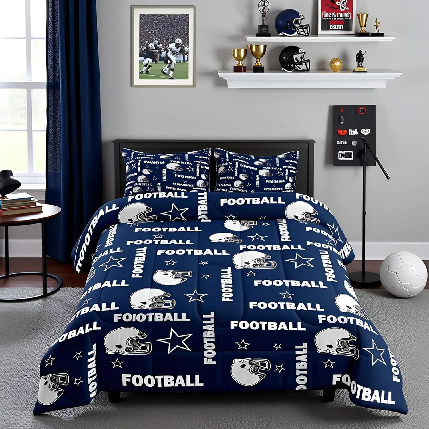 American Football Bedding Set,Navy Blue Grey Helmet Stars Print Comforter Set Room Decor,Cowboys Men Football Sports Quilt Set Vintage Style Duvet Insert