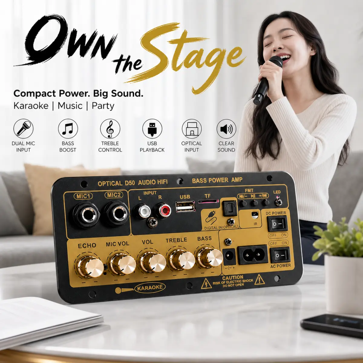 Audio power amplifier board, dual-microphone karaoke amplifier with reverb control, supports USB/TF/FM/AUX multimedia playback, suitable for DIY home subwoofer speakers.
