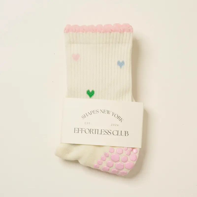 Effortless Club Grip Socks, Mini Heart Petal Trim, Girlie Sweet Crew Half Calf Non-Slip Socks, Pilates Socks, Yoga Barre