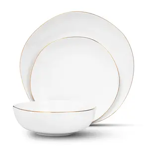 212 MAIN Andover Semi-Handmade Porcelain Dinnerware Set, White-Gold 12-Piece Glossy Modern Plates Bowls Sets, Organic-Shaped Kitchen Tableware