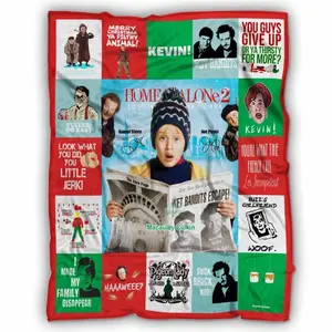 Home Alone Themed Christmas Blanket Featuring Kevin, Wet Bandits, Fuller Harry Lyme Marv Murchins pizza battle plan and iconic quotes. Cozy Soft Festive Perfect For Holiday DéCor, Movie Nights As A Fun Christmas Gift For Family Fans Of The Classic Film