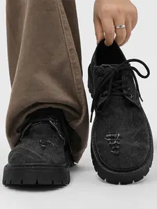 Men's Wide Head Design Denim Derby Shoes, Thick Sole British Style All Season, Commuter Casual Date Fashion Footwear, Walking Shoes, Business Casual Shoes