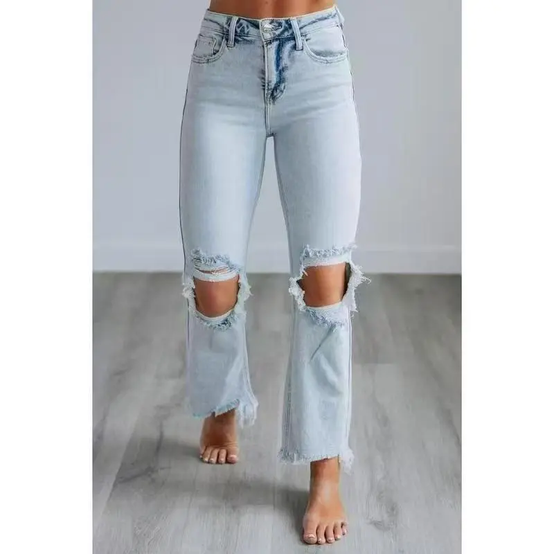 Women's High-Waist Black Cut Denim Jeans - Relaxed Fit, Distressed Knees, Ripped Details, Trendy Casual Fall Streetwear Bottoms for Sports, Outdoor Activities, Casual Outings