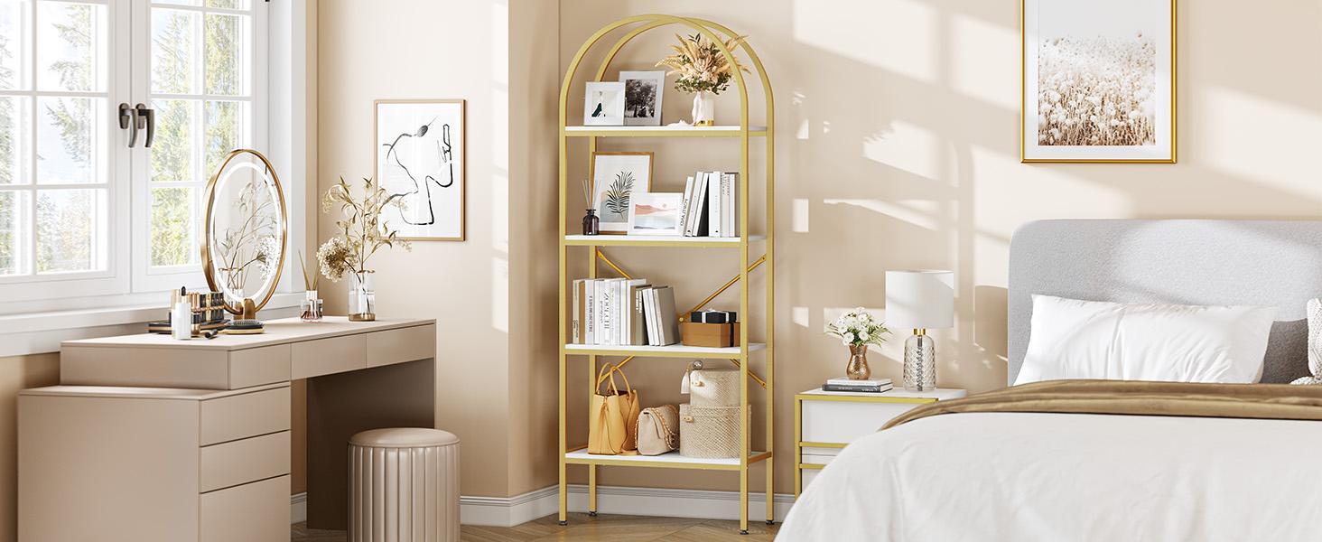 DWVO Gold Bookshelf and Bookcase, Tall Modern Open Arched Book Shelf, Freestanding Storage Display Rack Shelves for Living Room,Office,White&Gold