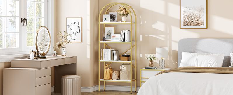 DWVO Gold Bookshelf and Bookcase, Tall Modern Open Arched Book Shelf, Freestanding Storage Display Rack Shelves for Living Room,Office,White&Gold