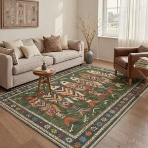 【Summervibes】GENIMO Fish Area Rug, Animal Machine Washable Living Room Rug, Non Slip Olive Green/Multi Rugs for Bedroom, Low Pile Soft Stain Resistant Boho Vintage Rugs for Office Dining Room