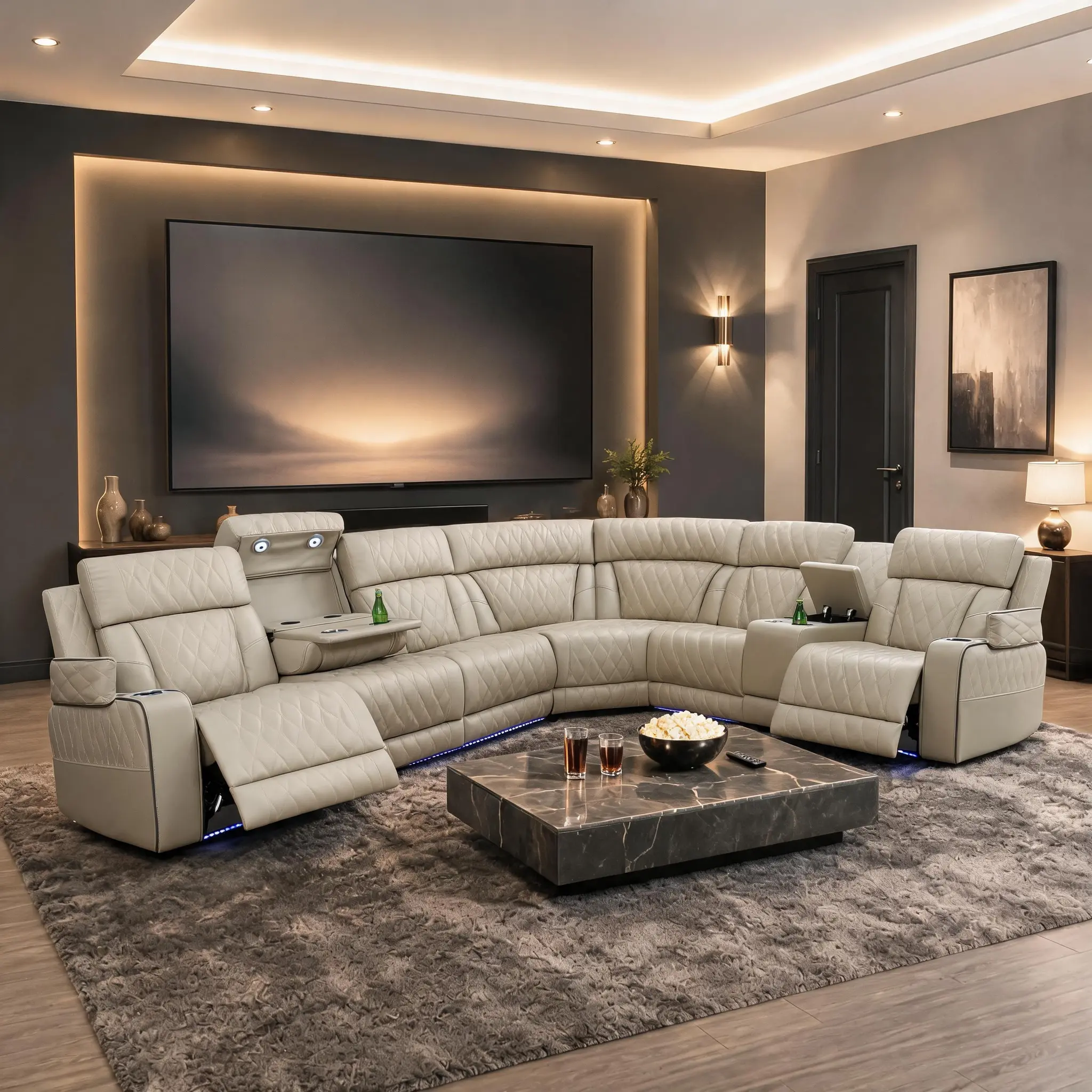 ainehome Modern LED Beige Leather Recliner Sofa Set 3-Piece with Adjustable Backrest 110-115° Storage & Wireless Charging Table Living Room furniture Breathable bedroom lounge couch family fluffy comfy premium l-shaped seccion