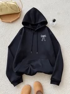 Women's Bow Print Drop Shoulder Thermal Lined Drawstring Hoodie, Graphic Casual Hoodie, Fashion Casual Pocket Hooded Sweatshirt for Daily Holiday Outdoor Wear, Women Clothing for Fall & Winter