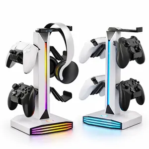 Headphone & Controller Stand with RGB Light, Rotatable Headset Stand, 9 Light Modes, 2 USB and Type-C Ports, Gaming Accessories