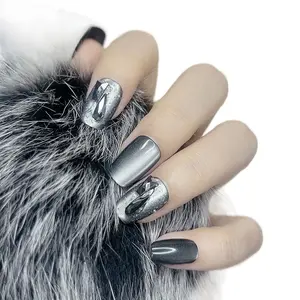 Press on Nails Square Shape Black Cat-Eye Color with Sparkle Design 127 Glam Easy Application for Various Occasions