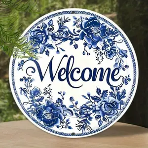 Elegant Blue Floral Welcome Wreath Sign 8x8in Round Aluminum Classic Style Wall Hanging for Halloween Christmas Decor Kitchen Garden Office Home Gift YX1314070 - Flower Palette&Wall Vintage Tin Sign Vintage Humor Metal Sign Vintage Highland Tin Sign