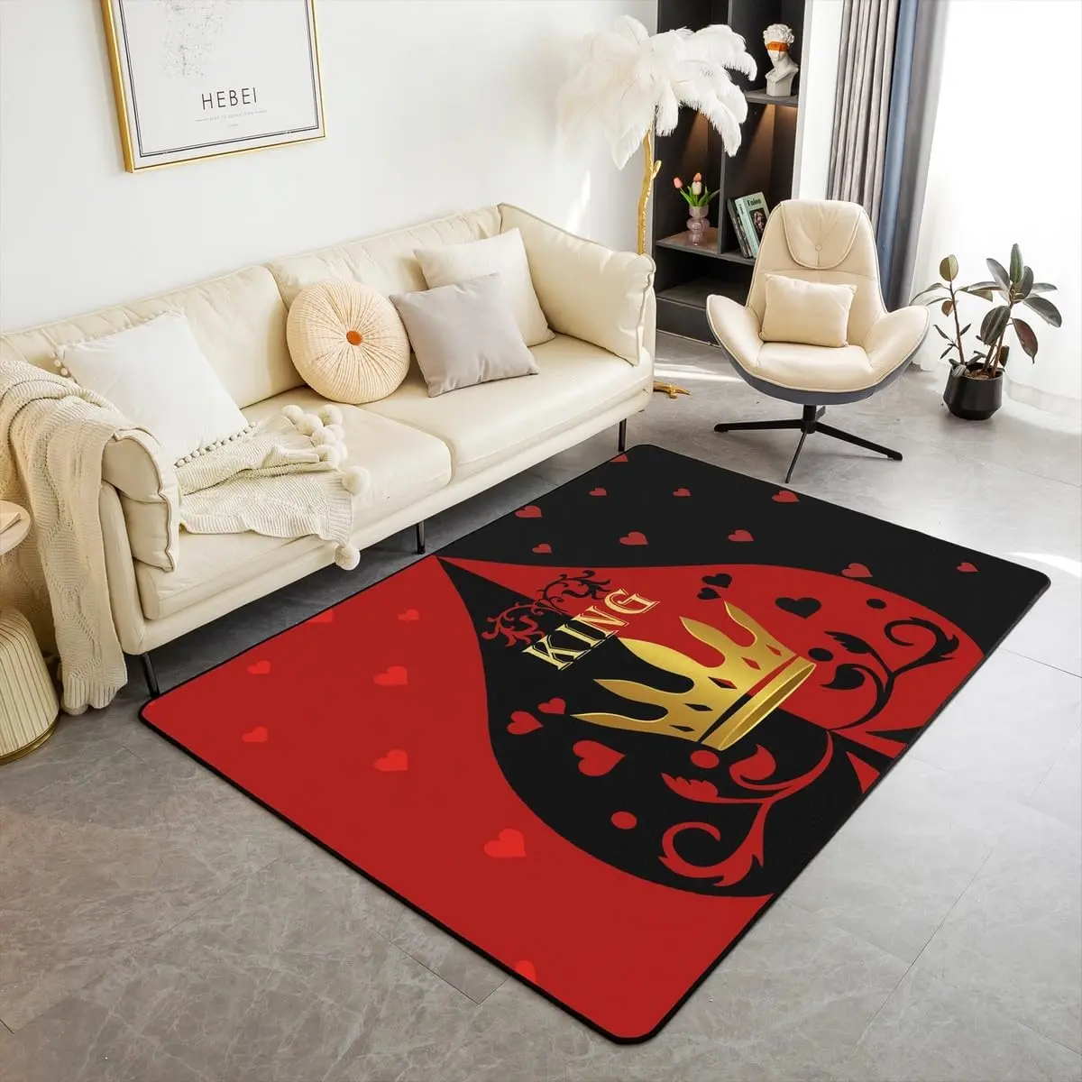 Crown Area Rug Red Hearts Print Floor Mats Rugs Room Decor,Black and Red Decorative Rug for Living Room,Absorbent Carpets