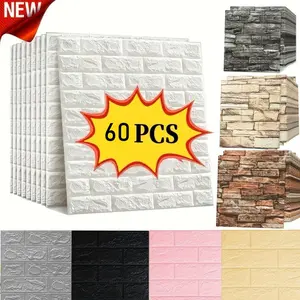 60pcs Fashion Foam Brick Pattern Wall Stickers, Self-Adhesive PVC Wallpaper, Waterproof Vinyl Decals for Dorm/study/living Room Decor